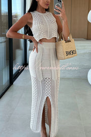 Solid Color Sleeveless Hollow Knit Crop Top and Elastic Slit Slim Midi Skirt Set