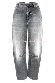 Casual Meetup Washed Denim Mid Rise Pocketed Barrel Jeans