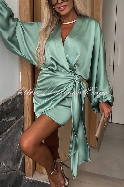 Luxurious Tokyo Satin Balloon Sleeve Wrap Tie-up Loose Mini Dress