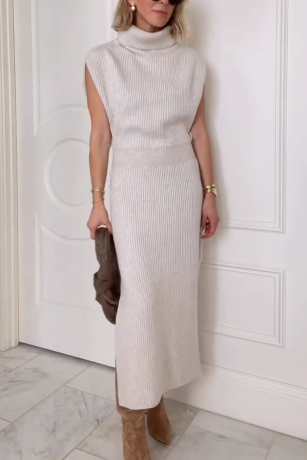 Solid Color Sleeveless Knitted Elegant Waist Midi Dress