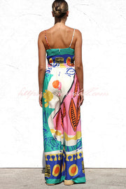 Unique Printed Back Pleated Suspenders Loose Pocket Wide-leg Jumpsuit