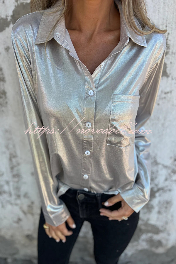 Holiday Look Solid Metallic Loose Pocket Button-down Blouse