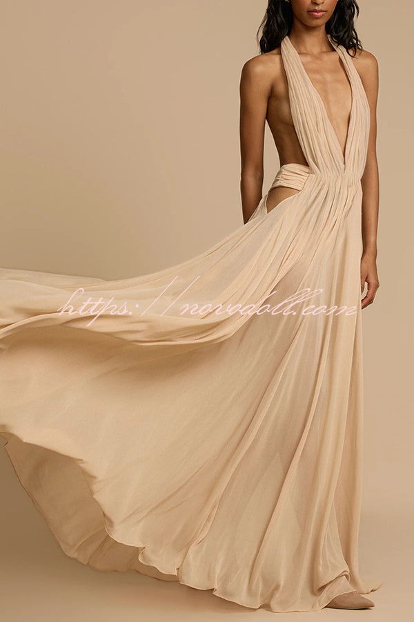 Ethereal Moment Tulle Cutout Ruched Waist Backless Halter Maxi Dress