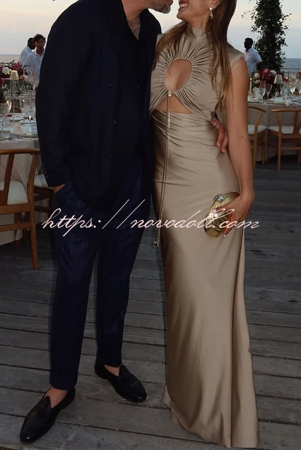 Genis Hollow Elastic Bust High Neck Sleeveless Gathered Maxi Dress