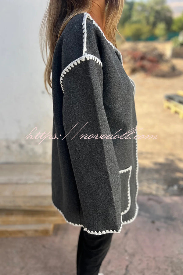 Stylish Loose Pocket Long Sleeve Coat and Warm Fringed Scarf