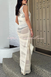 Solid Color Knit Hollow Crew Neck Sleeveless Beach Cover Up Maxi Dress