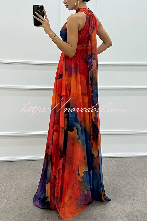 Elaine Tulle Floral Splash Print Cutout Halter Tie-up Neck Gown Maxi Dress