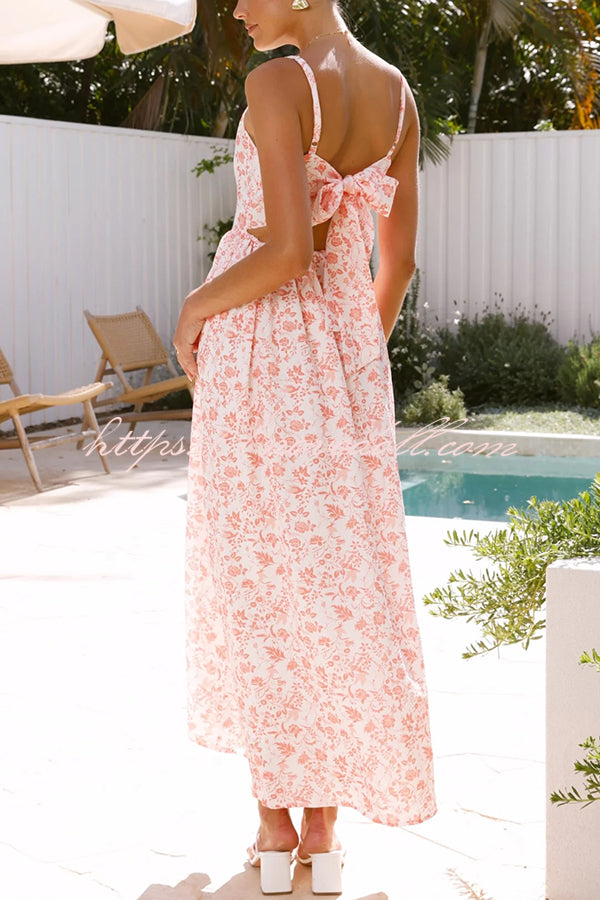Floral Print V-Neck Sleeveless Back Tie Pocket Maxi Dress