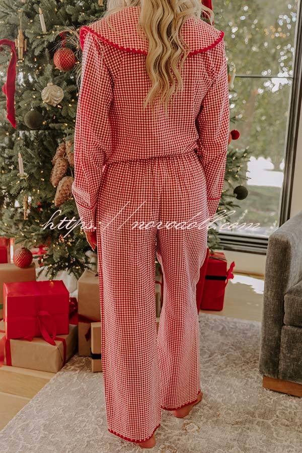 Nutcracker Charm Embroidered Gingham Loose Shirt and Elastic Waist Pajama Set