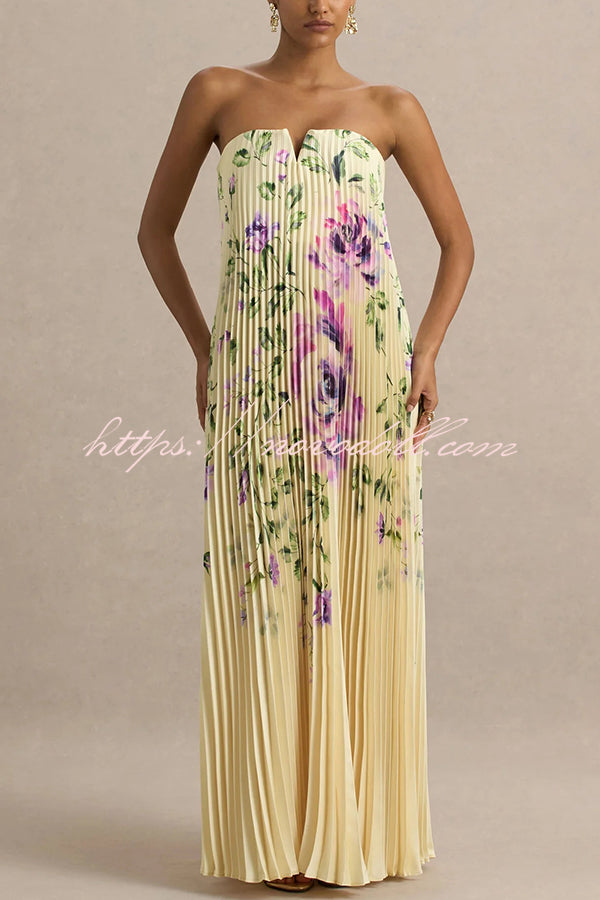 For Every Occasion Satin Pleated Floral Print V-wire Bandeau Neck Maxi Dress