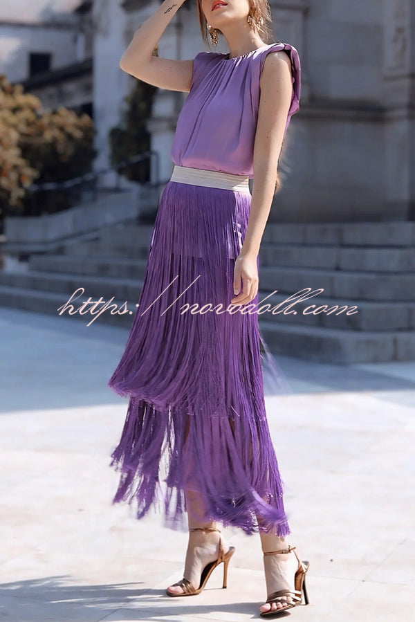 Elegant Tassel Hem Elastic Waist Casual Maxi Skirt