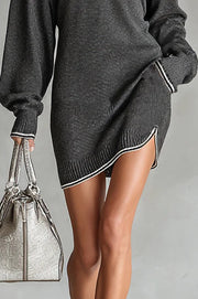 Fashionable Loose-fitting Long-sleeved Collared Zip-up Casual Knitted Mini Dress