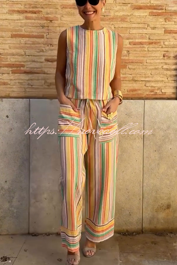 Tylah Linen Blend Colorful Striped Back Button Vest and Elastic Waist Pocket Loose Pants Set