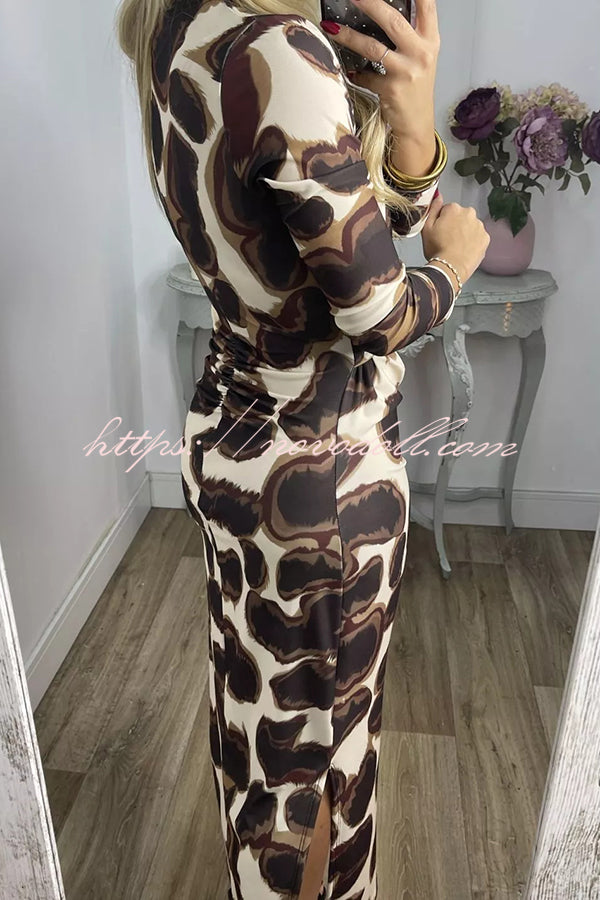 Kiele Unique Print Turtleneck Twist Detail Long Sleeve Stretch Midi Dress