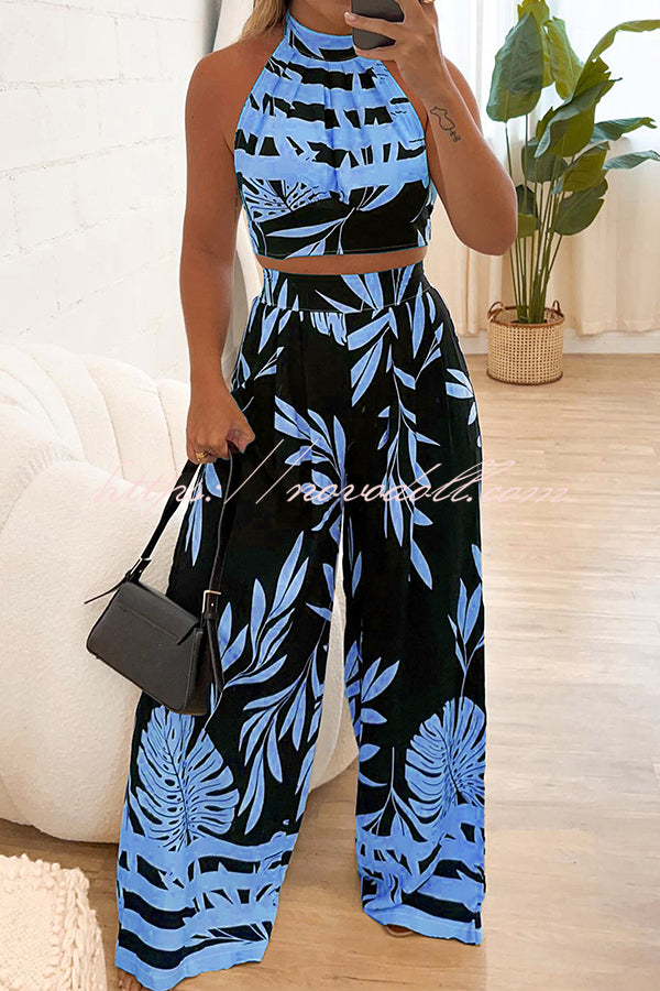 Botanical Print Halterneck Crop Top and Casual High-waist Wide-leg Pants Set
