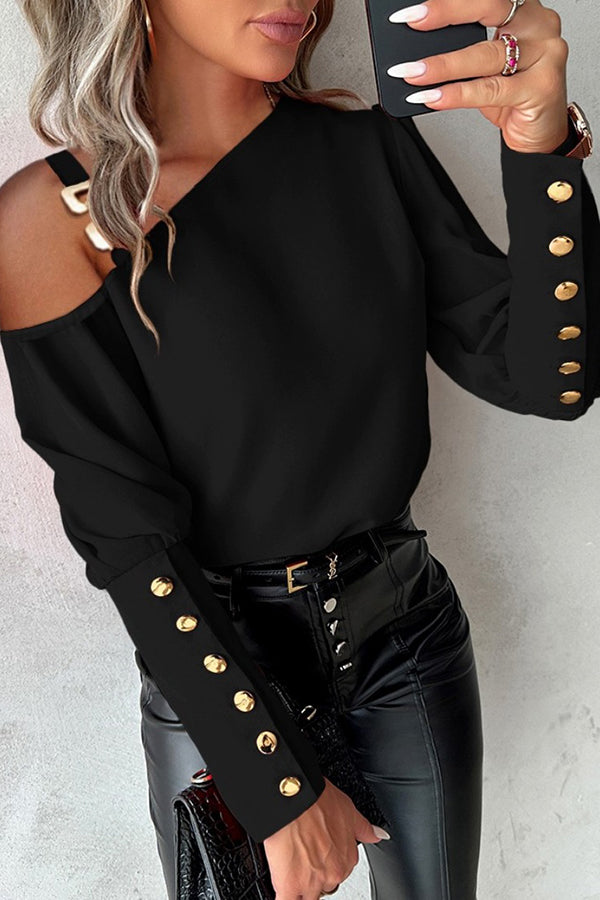 Solid Color Metal Button Off Shoulder Collar Button Up Shirt