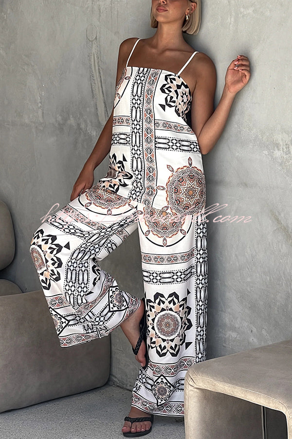 Unique Print Loose Casual Tank Top and Elastic Waist Wide Leg Straight Pants Set