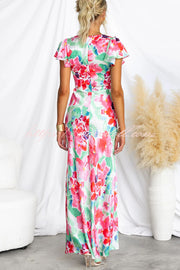 Say I Do Satin Floral Print Cap Sleeves Maxi Dress