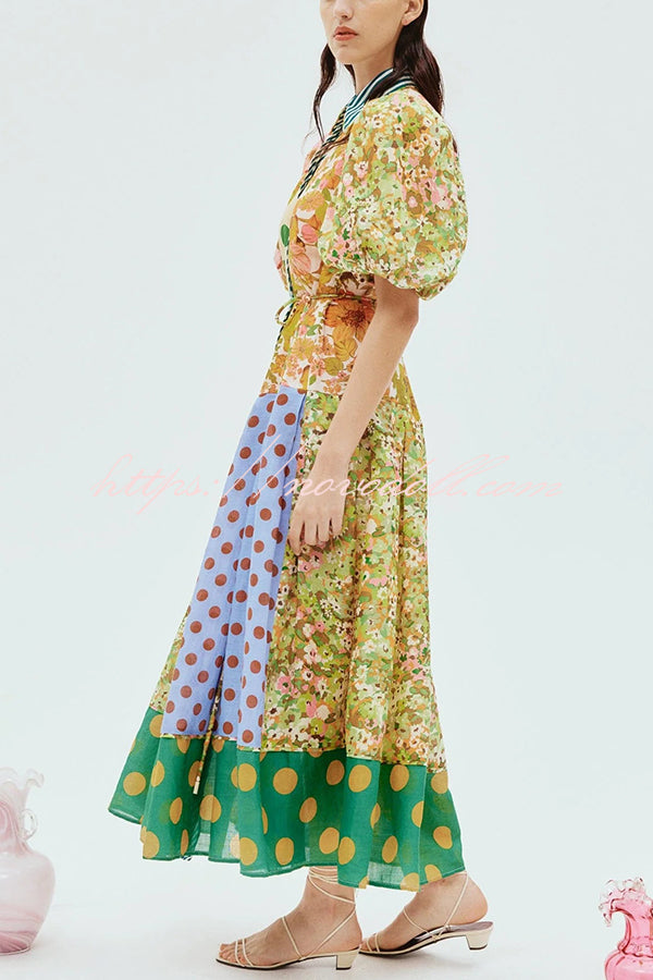 Linen Blend Unique Print Lapel Puff Sleeve Casual Midi Dress
