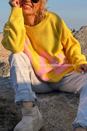 Letter Pattern Crew Neck Long Sleeve Loose Knit Sweater