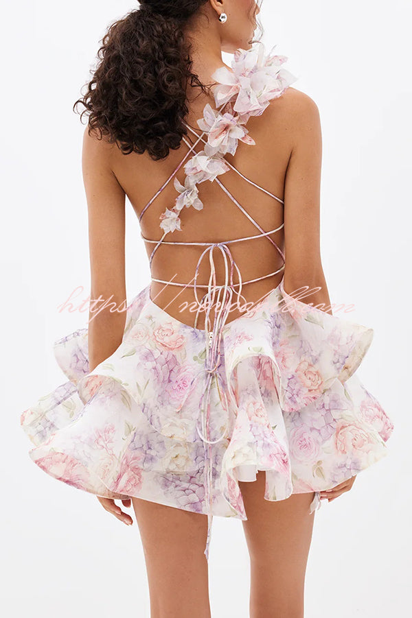 Floral Print V-neck Halter Back Tie Double Layer Mini Dress