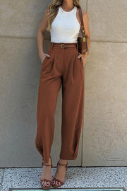 Solid Color High-waisted Belted Loose-fitting Suit Pants