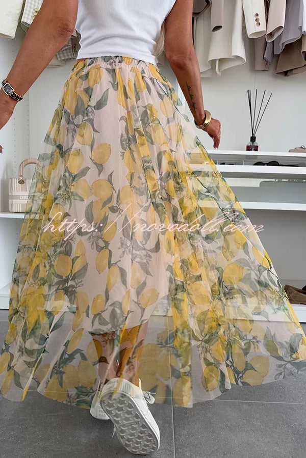 Summer Lemon Print Elastic Waist Tulle Holiday Midi Skirt