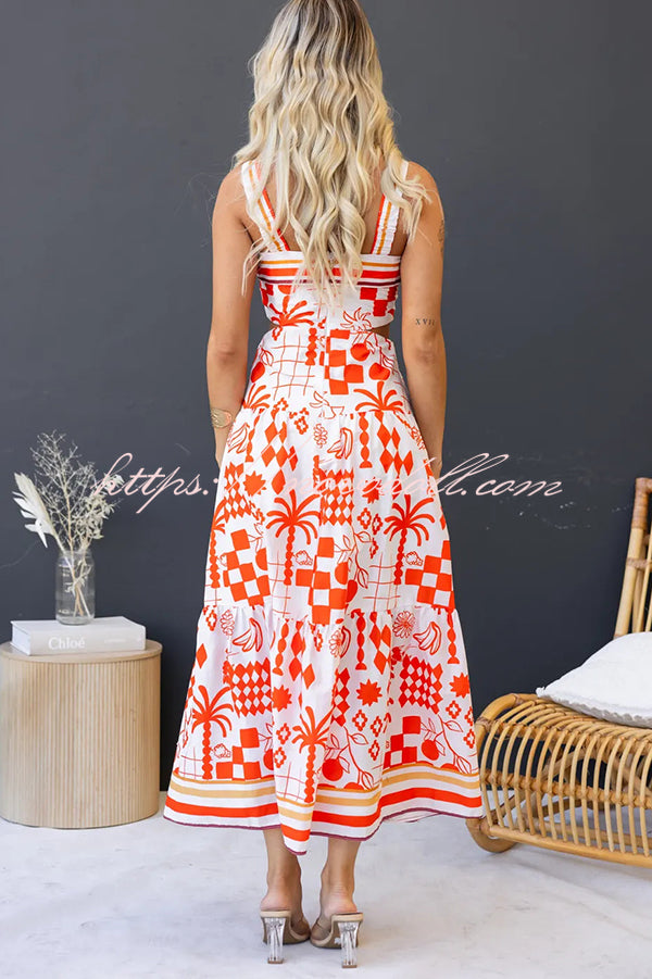 Unique Print Waist Cutout Back Gathered Suspender Maxi Dress