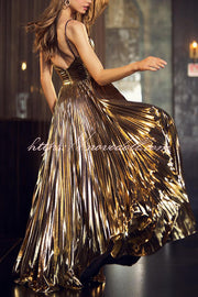 Queen Style Metallic Fabric Cross Neck Cutout Slit Pleated Maxi Dress