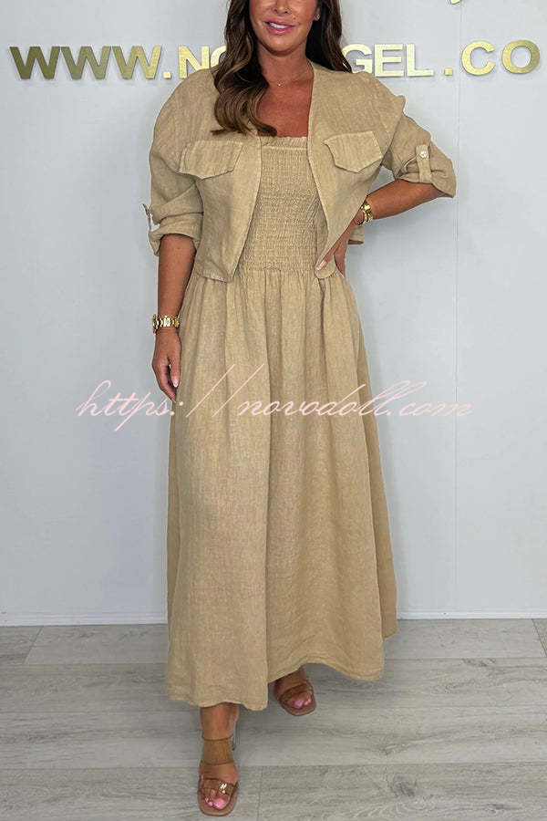 Solid Color Casual Short Jacket and Suspender Pleated Maxi Dress Set