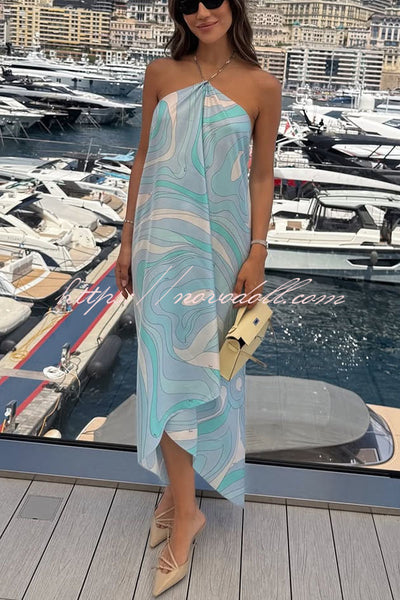 Elmhurst Satin Unique Print Chain Halter Draped Scarf Midi Dress