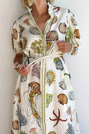 Beach Shell Print Puff Sleeve Tie-Waist Casual Midi Dress