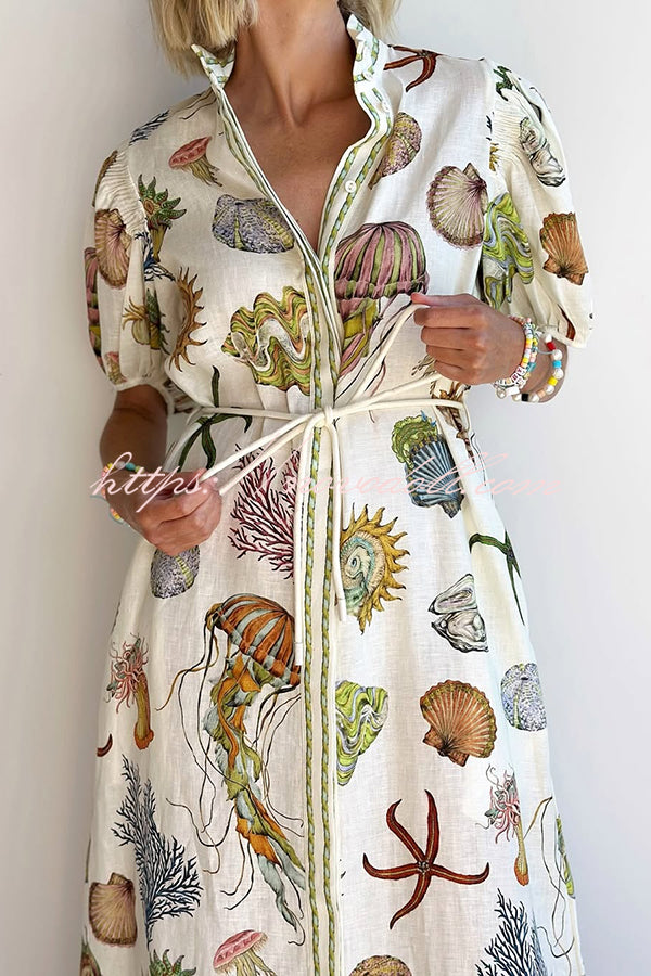 Beach Shell Print Puff Sleeve Tie-Waist Casual Midi Dress