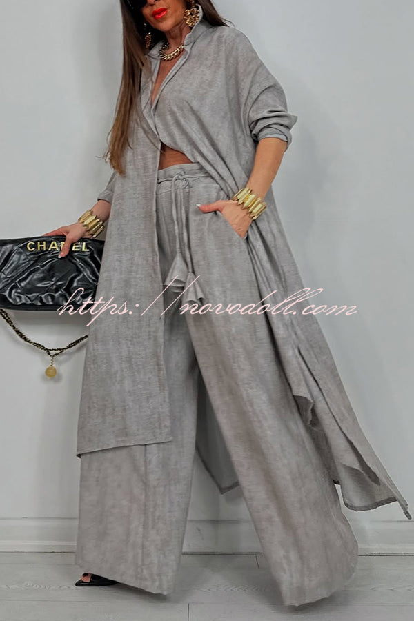 Solid Color Casual Loose Long Shirt and Elastic Waist Pocket Wide Leg Pants Set