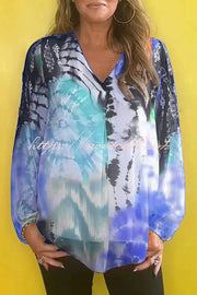 Fashionable Gradient Tie-dye V-neck Long-sleeved Casual Shirt