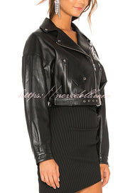 Fashion Lapel Long Sleeve Casual Zipper Pocket Leather Jacket