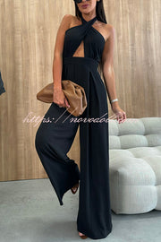 Easy Mode Cross-neck Halter Strap Backless Wide Leg Jumpsuit