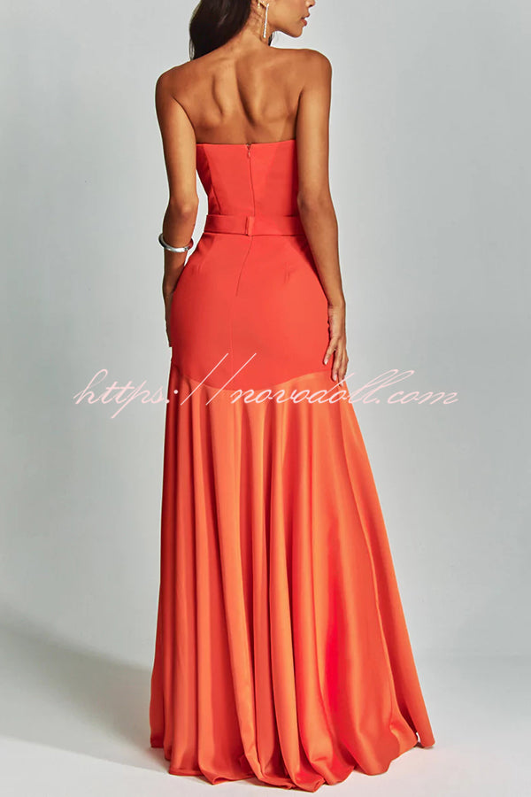 Mermaid Style Off Shoulder Sheer V-neck Satin Hem Party Maxi Dress