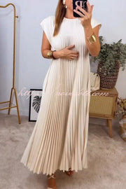 Solid Color Round Neck Sleeveless Pleated Large Hem Maxi Dress