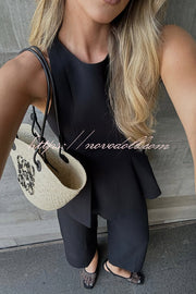 Solid Color Round Neck Sleeveless Casual Top and Loose Straight Pants Set