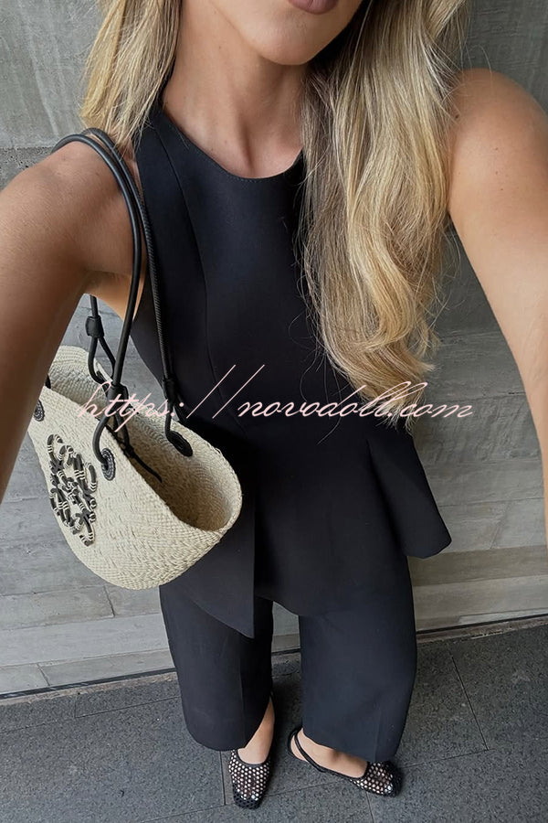 Solid Color Round Neck Sleeveless Casual Top and Loose Straight Pants Set