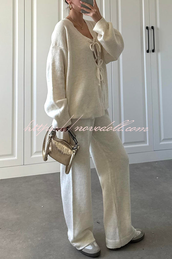 Solid Color V-neck Tie Long-sleeved Loose Knit Cardigan and Elastic Waist Casual Straight Leg Pants Set
