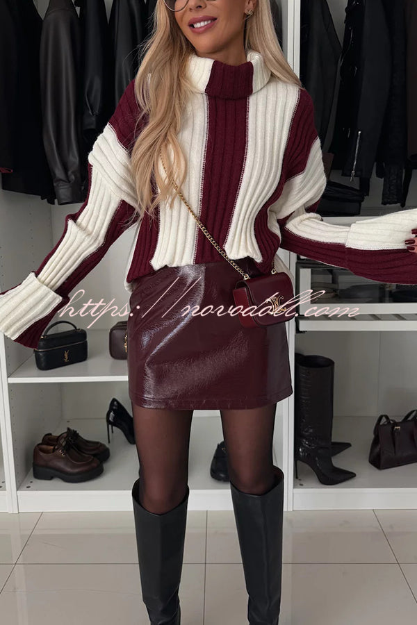 Comfort and Warmth Knit Color Block Long Sleeve Turtleneck Sweater