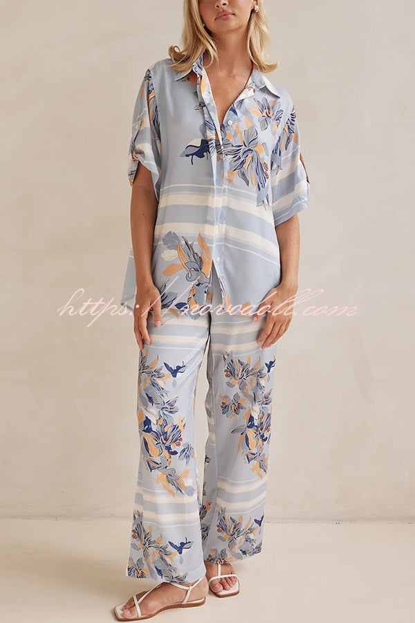 Fashionable Plant Print Loose Lapel Short Sleeve Shirt and Casual Elastic Waist Pocket Pants Set