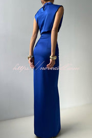Solid Color Casual Sleeveless Crop Top and Elegant Button-down Maxi Skirt Set