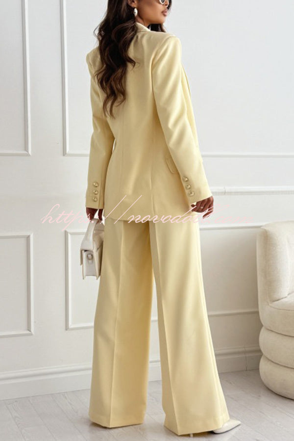 Solid Color Lapel Long Sleeve Casual Blazer and Pocket Wide Leg Pants Set