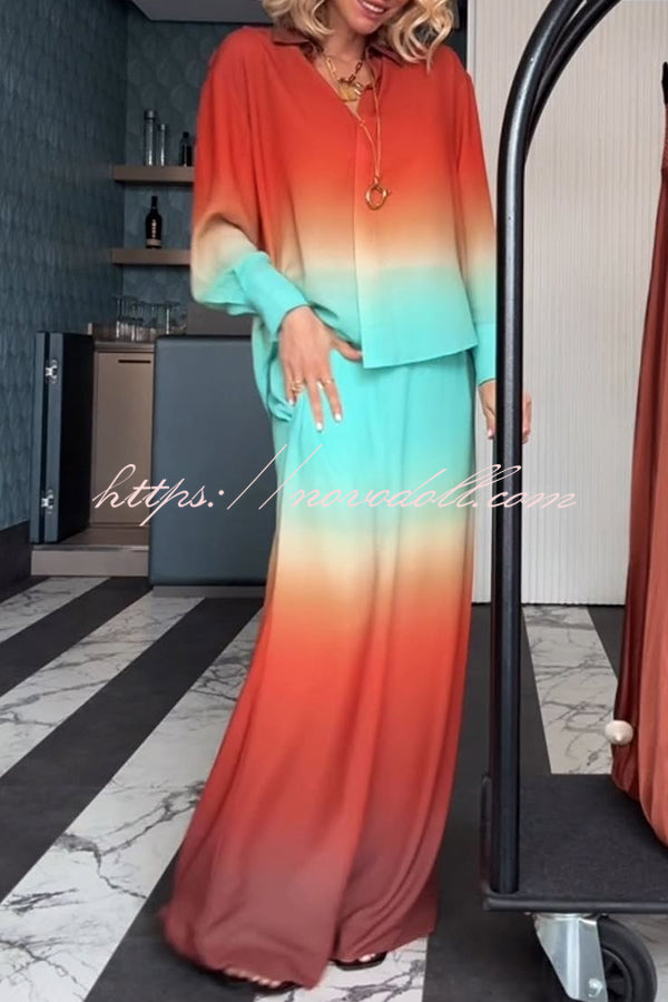 Neon Sunset Gradient Print Long Sleeve High Low Hem Blouse and Elastic Waist Loose Pants Set