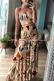 Bohemian Style Unique Print Tube Top Pleated Maxi Dress