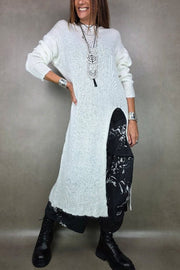 Solid Color Knitted Long-sleeved Casual Slit Midi Dress