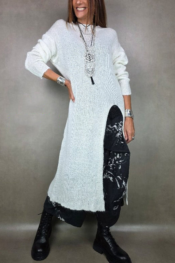 Solid Color Knitted Long-sleeved Casual Slit Midi Dress